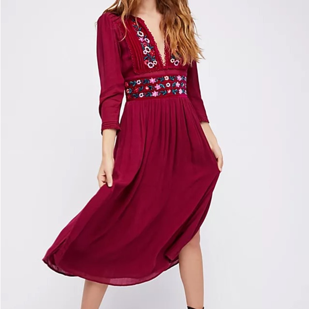 Free People Flora Embroidered Maxi Dress Magenta
